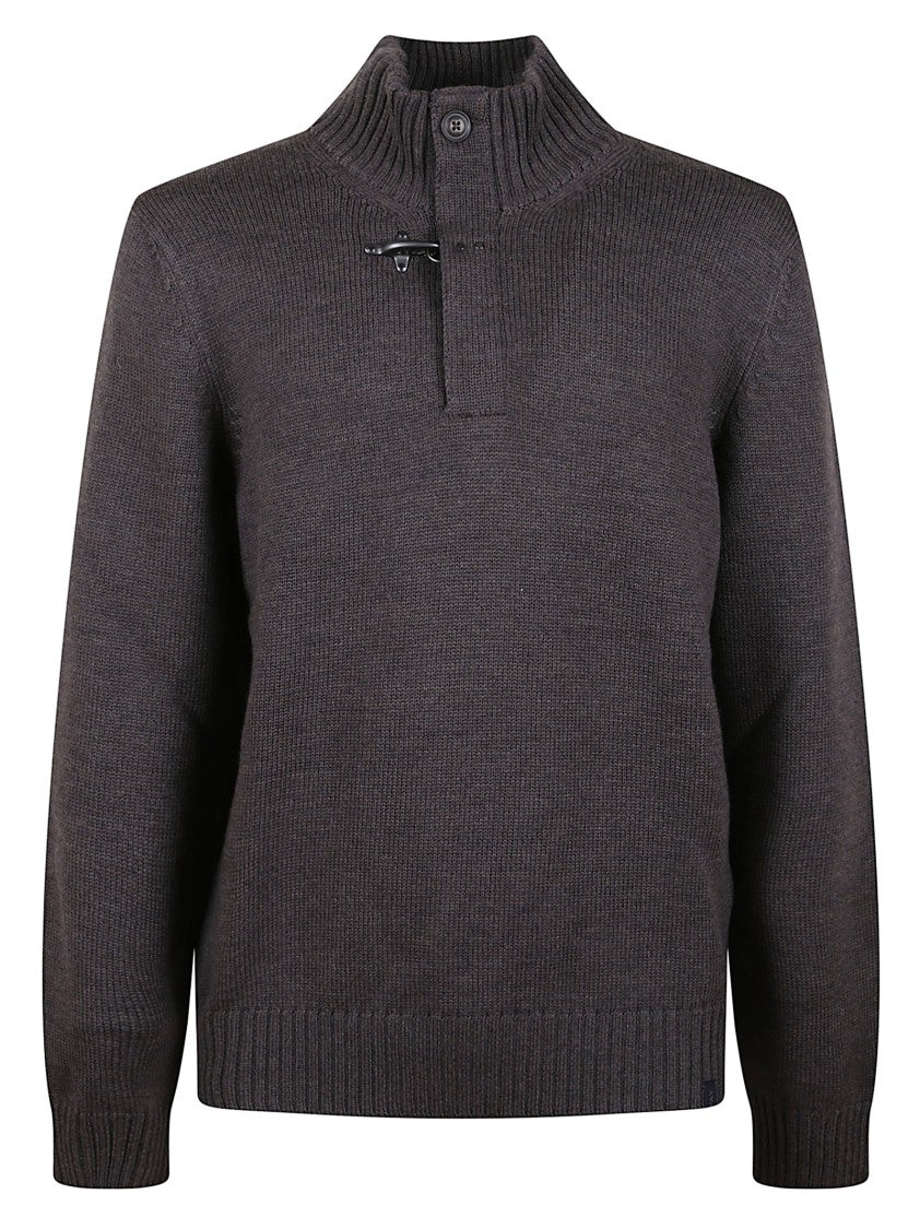 Fay Brown Wool Sweater With Zip Closure And Iconic Hook