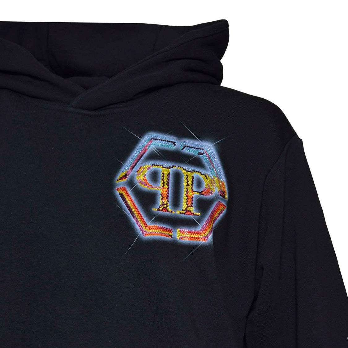 Philipp Plein Black Cotton Hexagon Hoodie With Crystal Logo