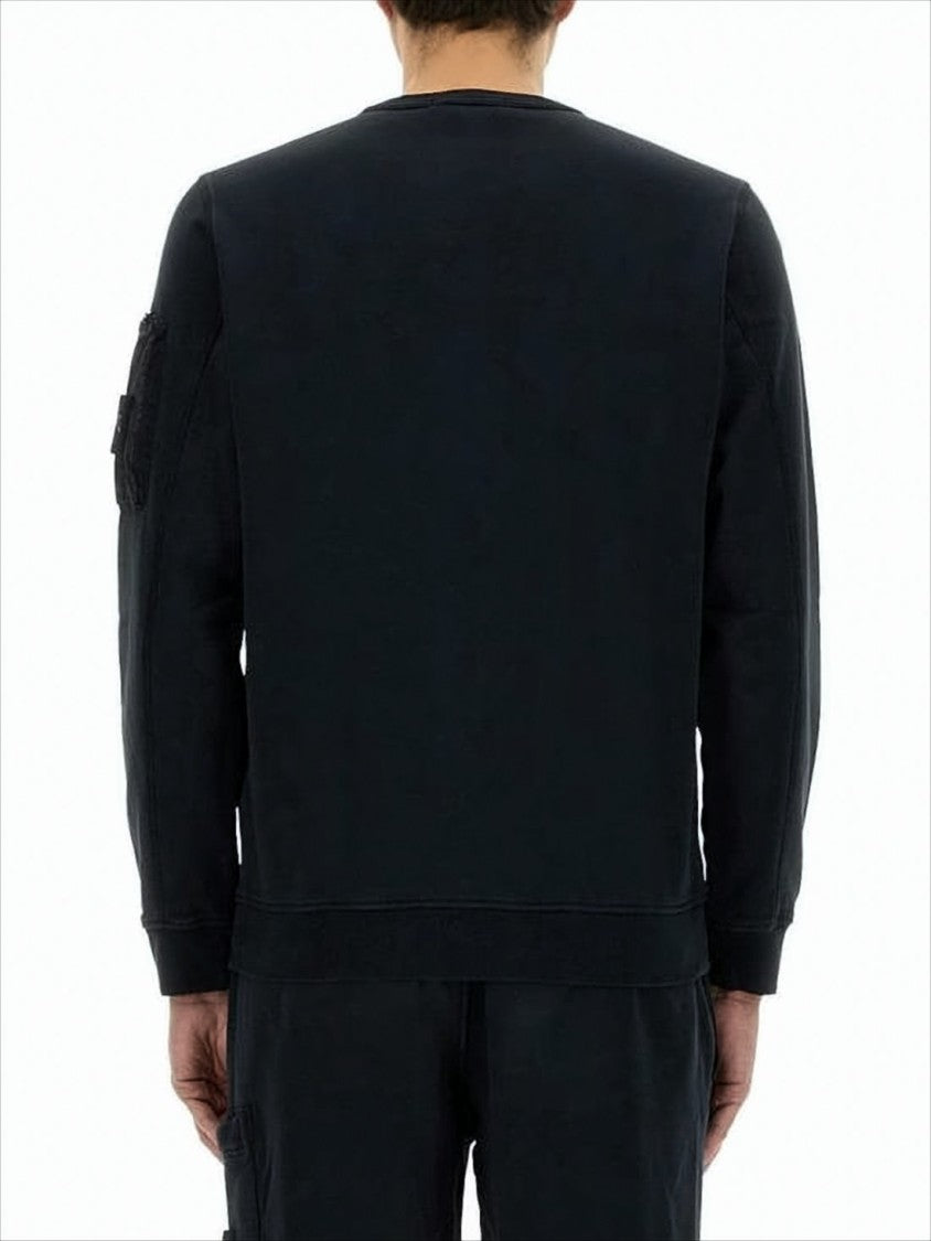 Stone Island Long-Sleeve Black Cotton T-Shirt With Logo-Badge Sleeve Pocket