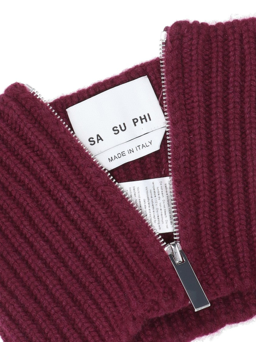 Sa Su Phi Ribbed Knit Scarf With Central Zipper In Deep Red