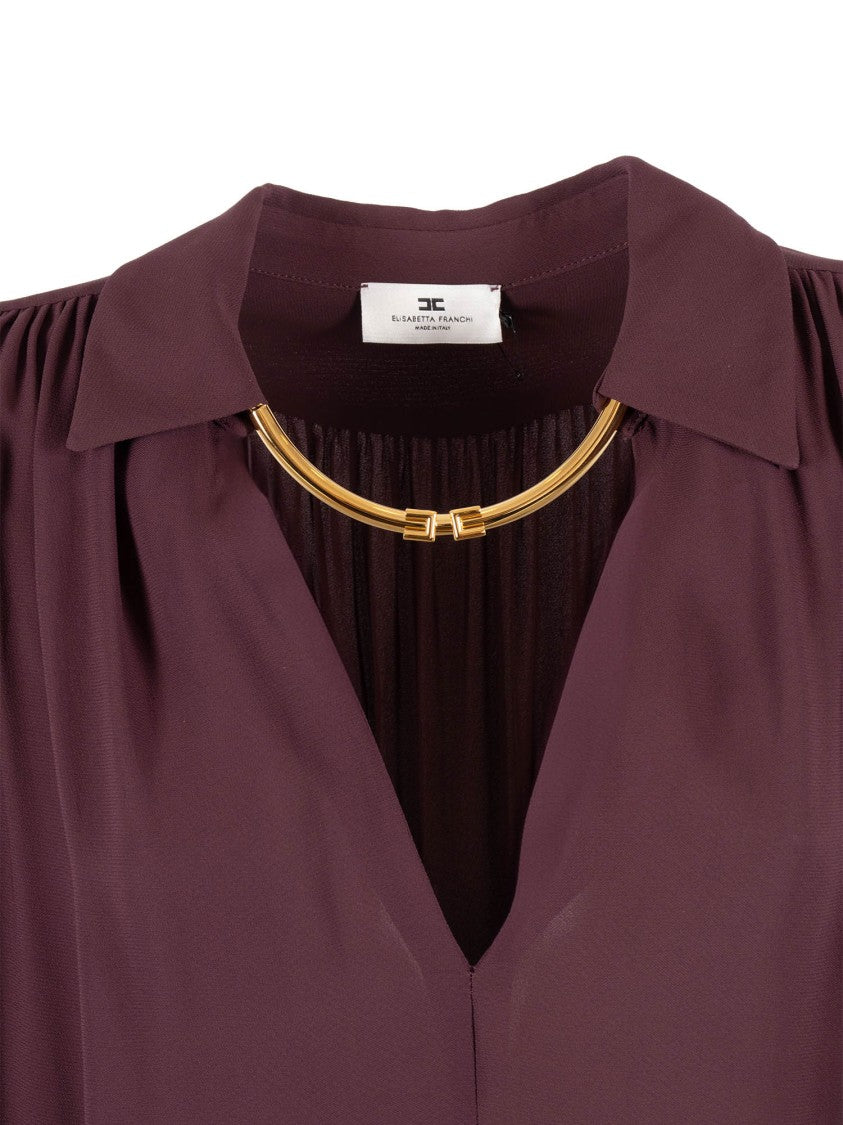 Elisabetta Franchi Burgundy Blouse With Deep V-Neck And Pleated Detailing