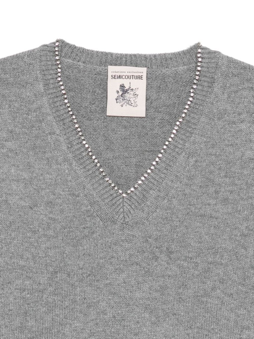 Semi Couture V-Neck Grey Knit Sweater With Cropped Silhouette