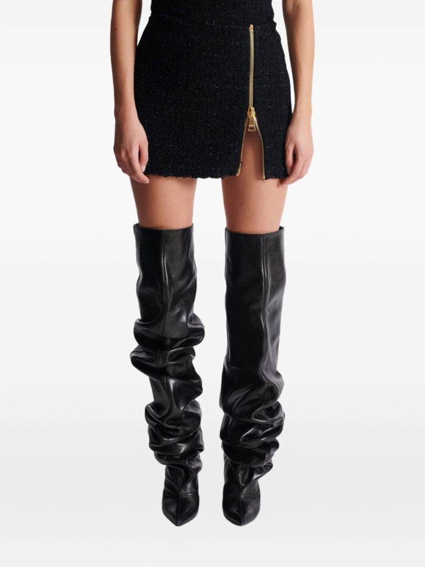 Balmain Textured Black Mini Skirt With Gold Zipper Detail