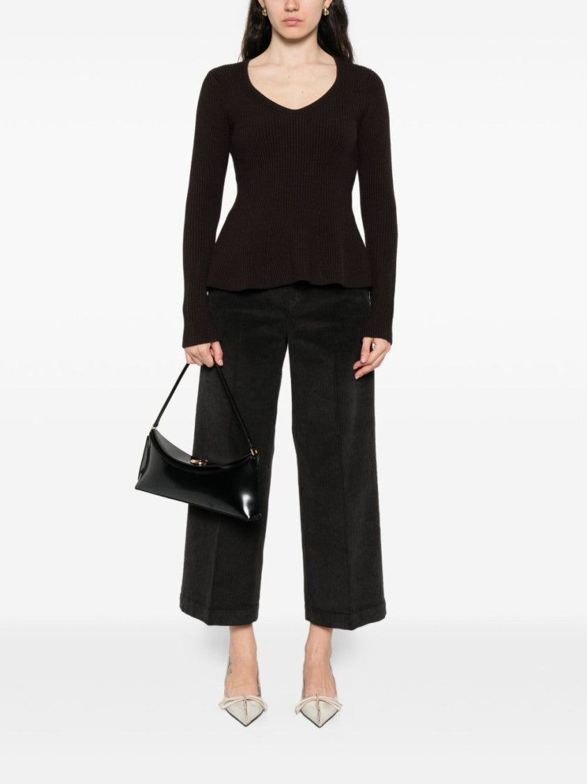 Twin-Set Fitted Ribbed Knit Sweater With Deep V-Neckline