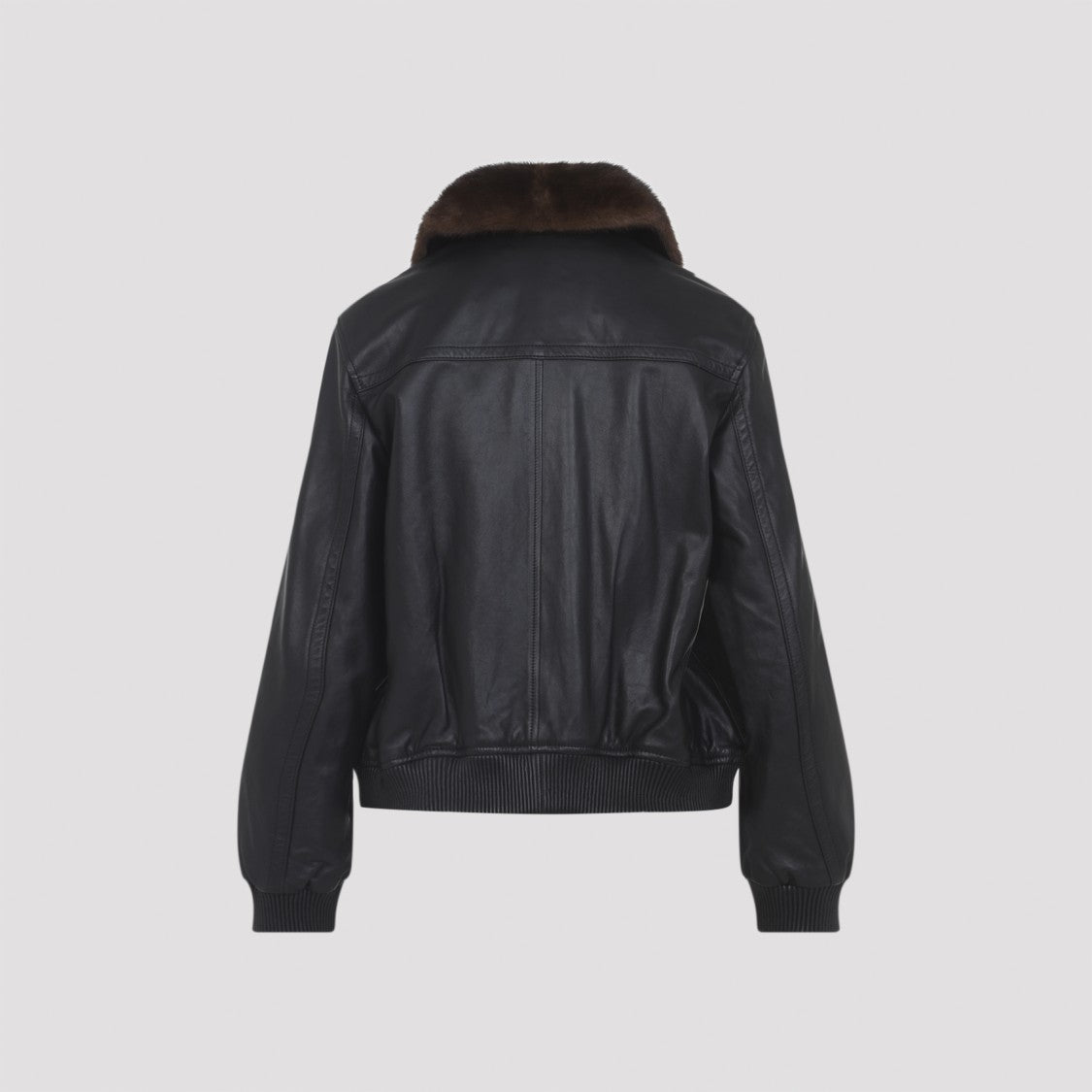 Yves Salomon Leather Jacket With Plush Fur Collar And Ribbed Hem