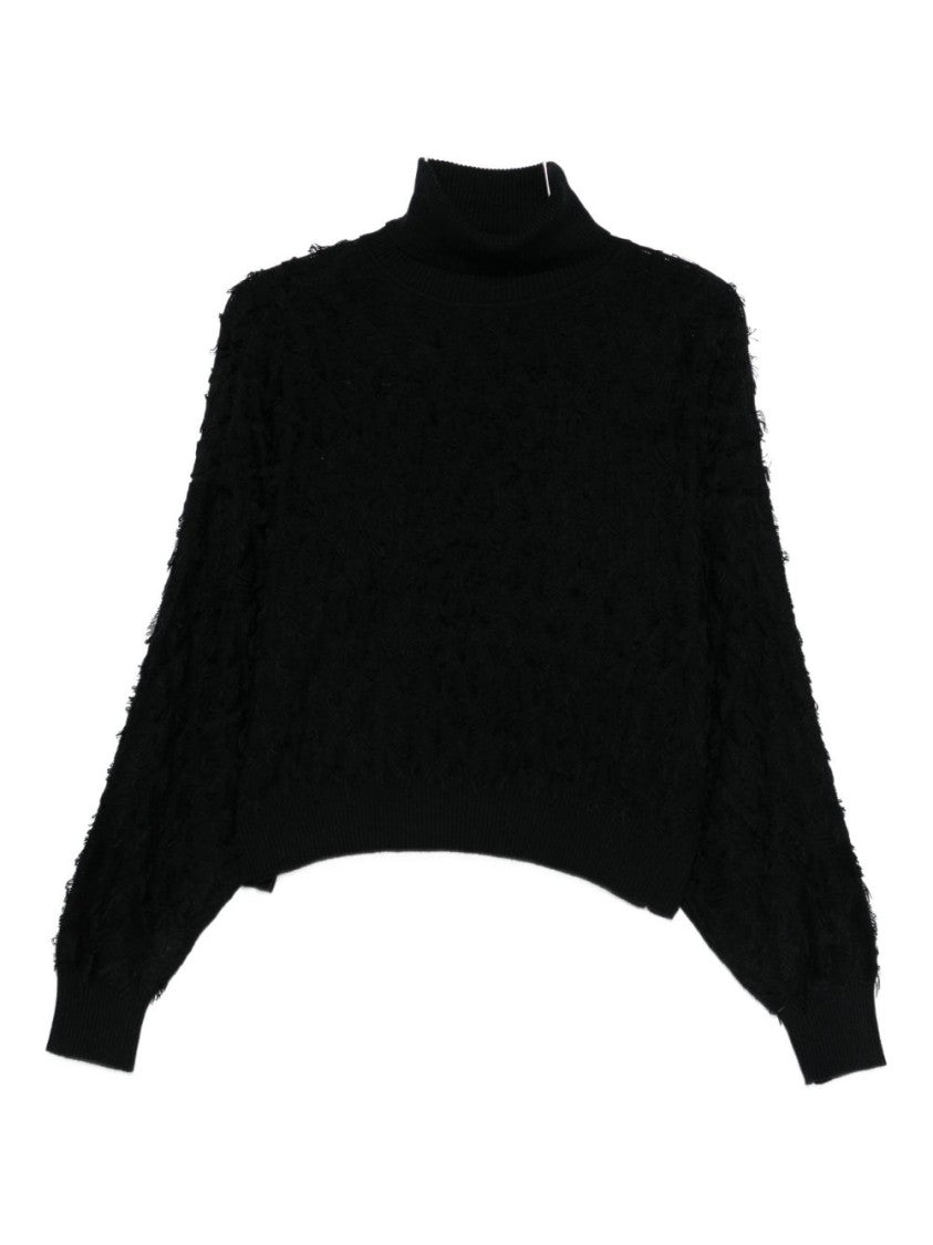 Twin-Set Textured Black Turtleneck Sweater With Ballooned Sleeves