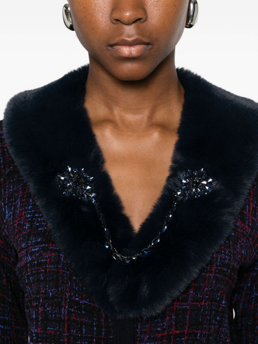 Blugirl Multicolored Tweed Cardigan With Plush Fur Collar