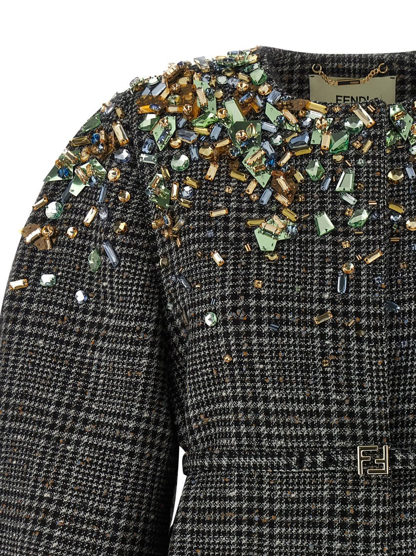 Fendi Check Wool Tweed Jacket With Crystal Embellishments
