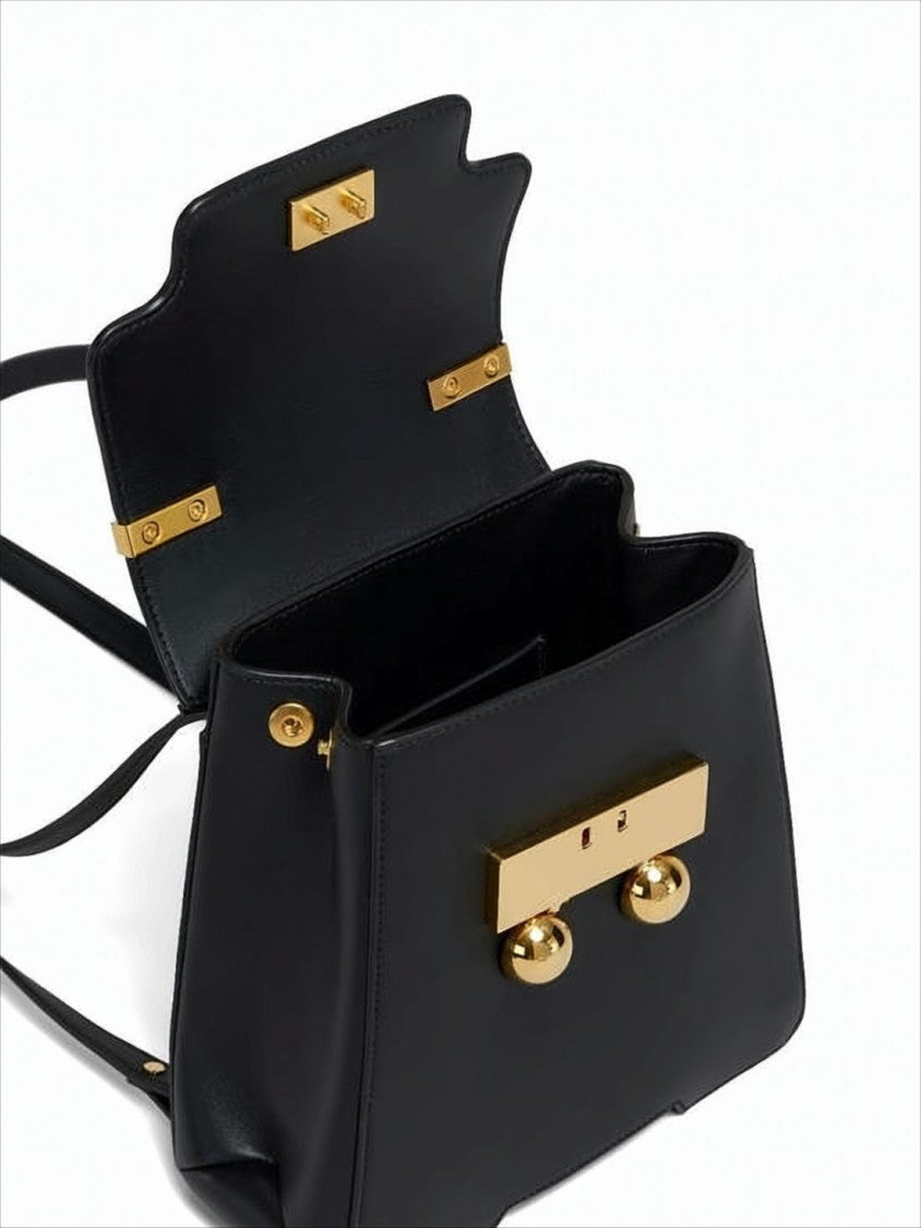 Marni Structured Black Calf Leather Backpack With Spherical Clasps
