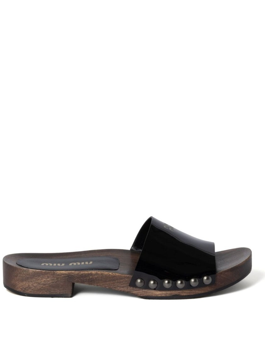 Miu Miu Open-Toe Black Patent Sandals With Decorative Studs