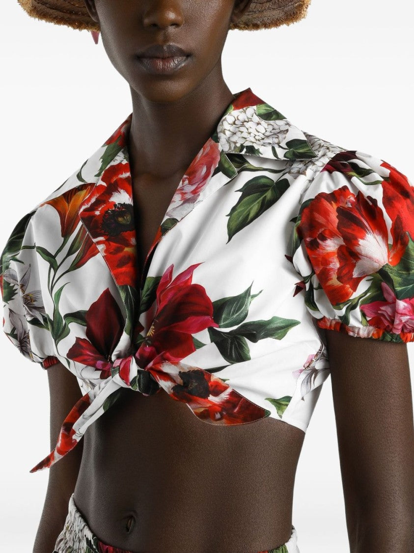 Dolce & Gabbana Cropped Floral Print Shirt With Balloon Sleeves