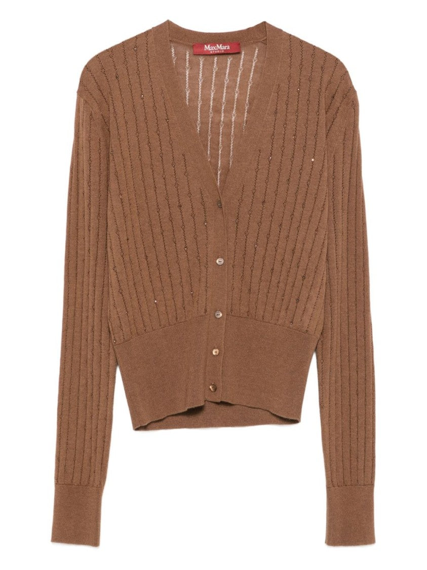 Max Mara V-Neck Brown Sweater With Embellished Detailing