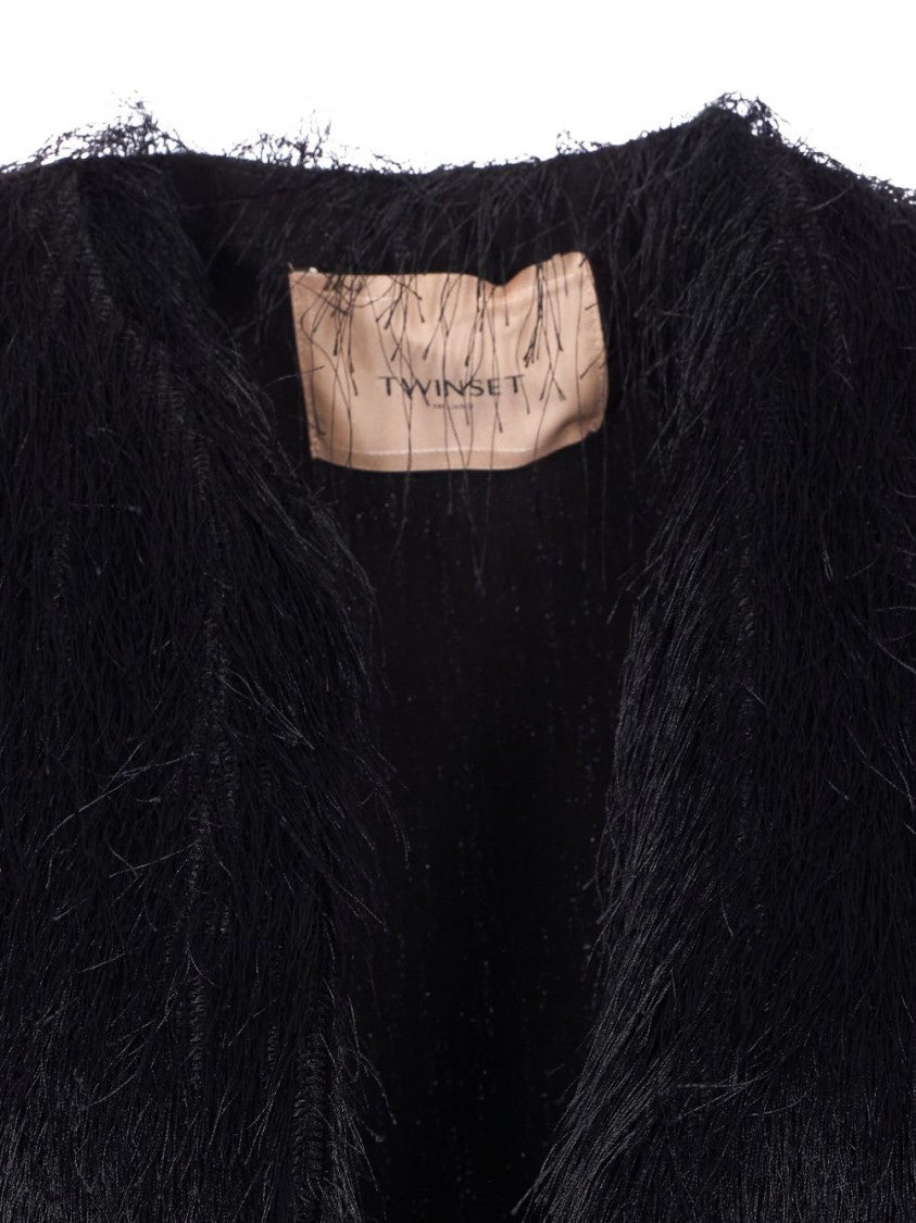Twin-Set Textured Cropped Sweater With Airy Fringed Design