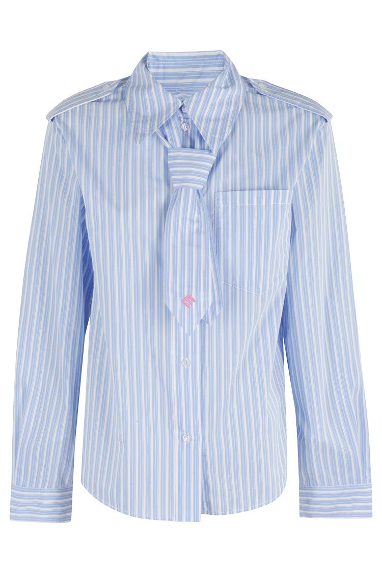 Essentiel Antwerp Striped Blue And White Shirt With Classic Collar And Tie Detail