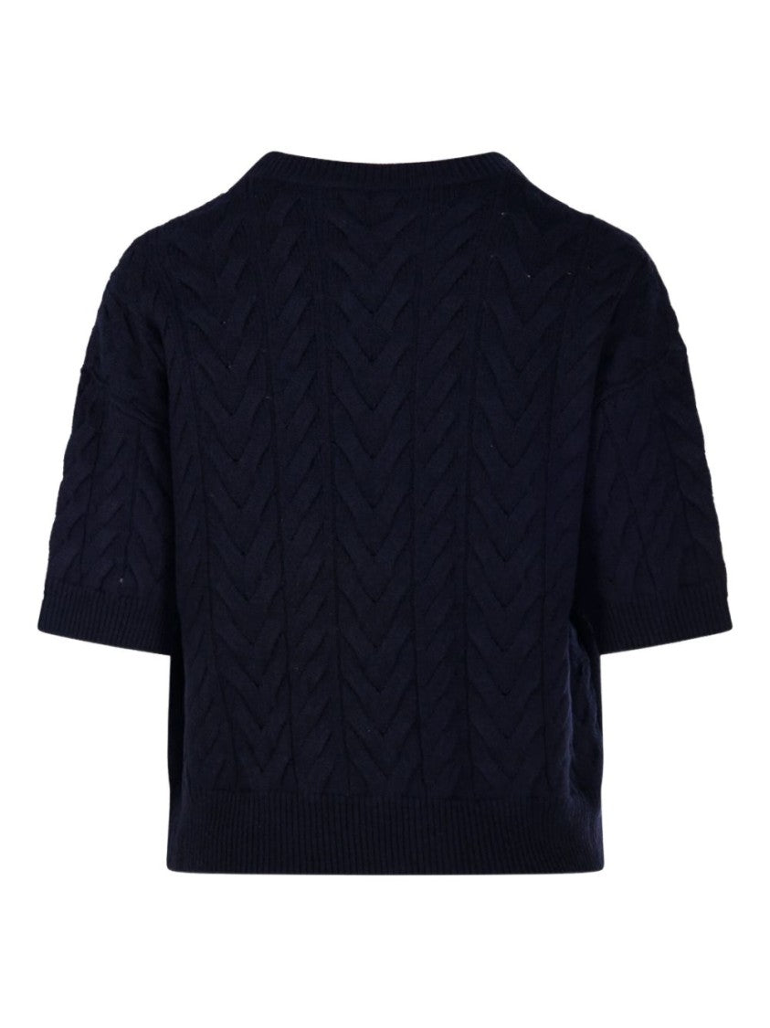 Max Mara Navy Cable Knit Sweater With Short Sleeves