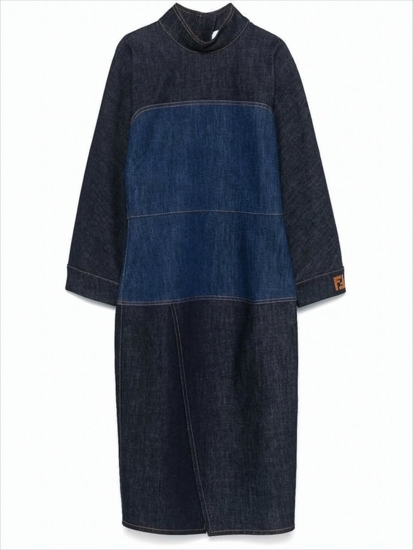 Fendi Patchwork Midi Dress With High Neckline