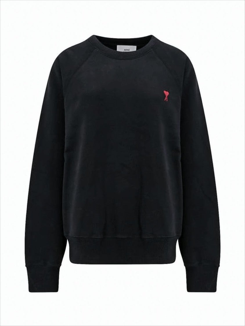 Ami Black Long-Sleeve Top With Classic Crew Neckline And Ribbed Cuffs
