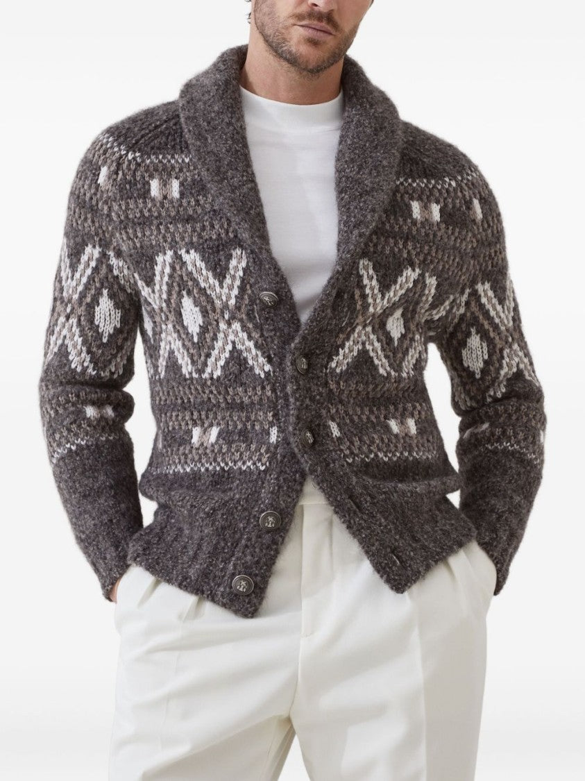 Brunello Cucinelli Shawl Collar Brown Sweater With Button Fastening And Textured Pattern