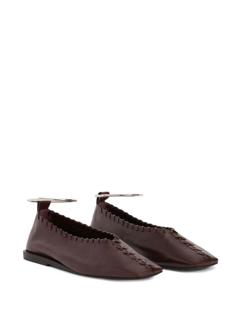 Jil Sander Mahogany Leather Ring Ballerina With Stitched Detail