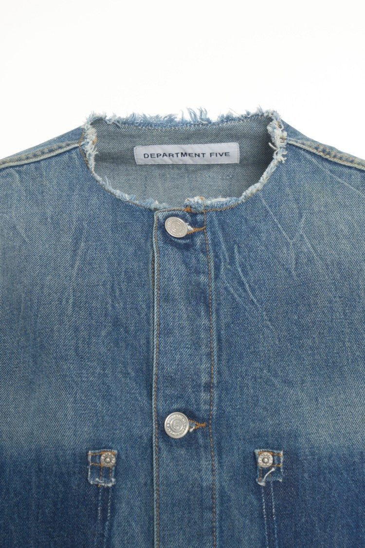 Department Five Collarless Blue Denim Jacket With Relaxed Fit And Textured Details