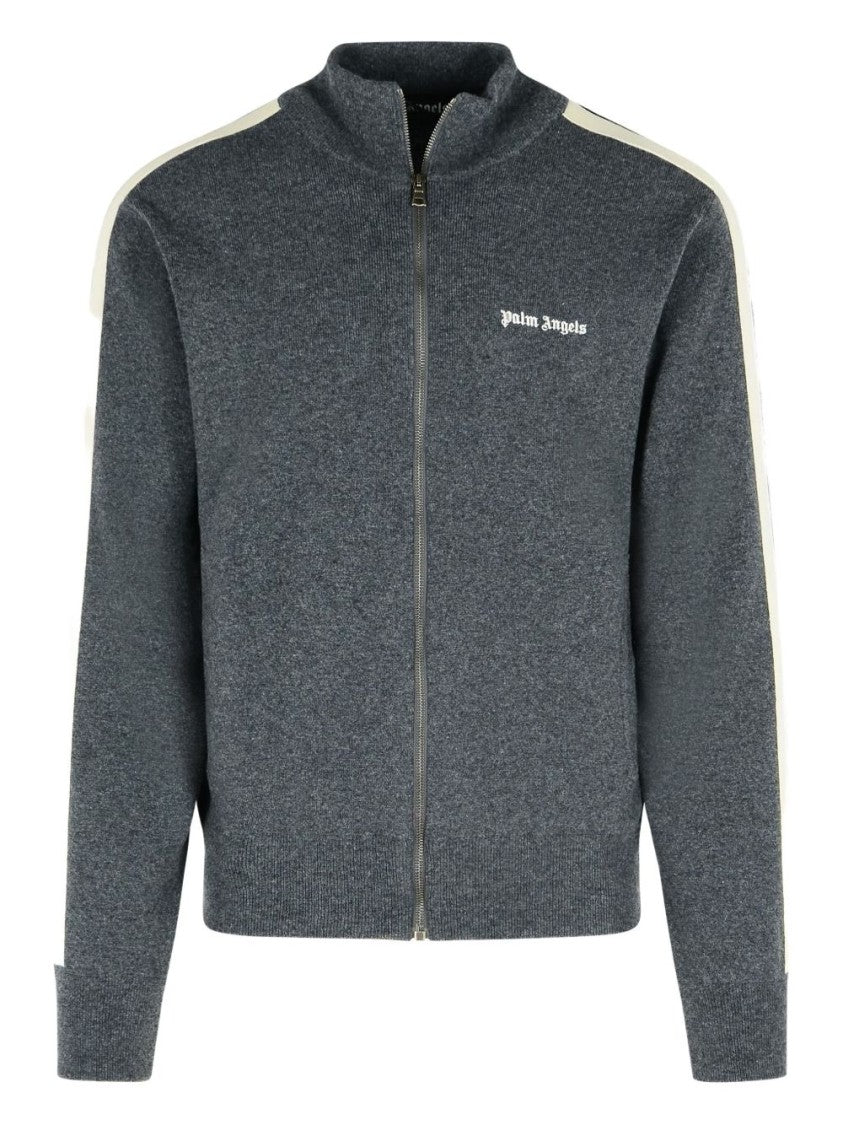 Palm Angels Zip-Up Grey Sweater With Contrasting Stripes
