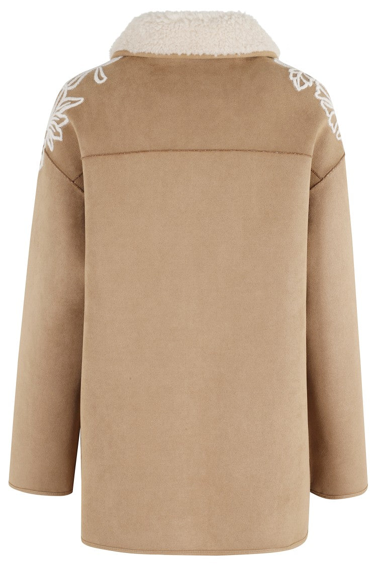 Ermanno Firenze Suede Camel Sheepskin Coat With Teddy Collar