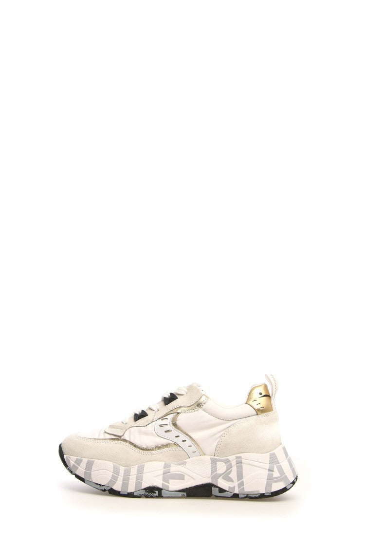 Voile Blanche Beige Sneakers With Patent Detailing And Double-Height Sole