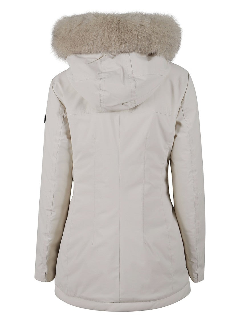 Peuterey Tailored Beige Velvet Coat With Plush Fur Trim