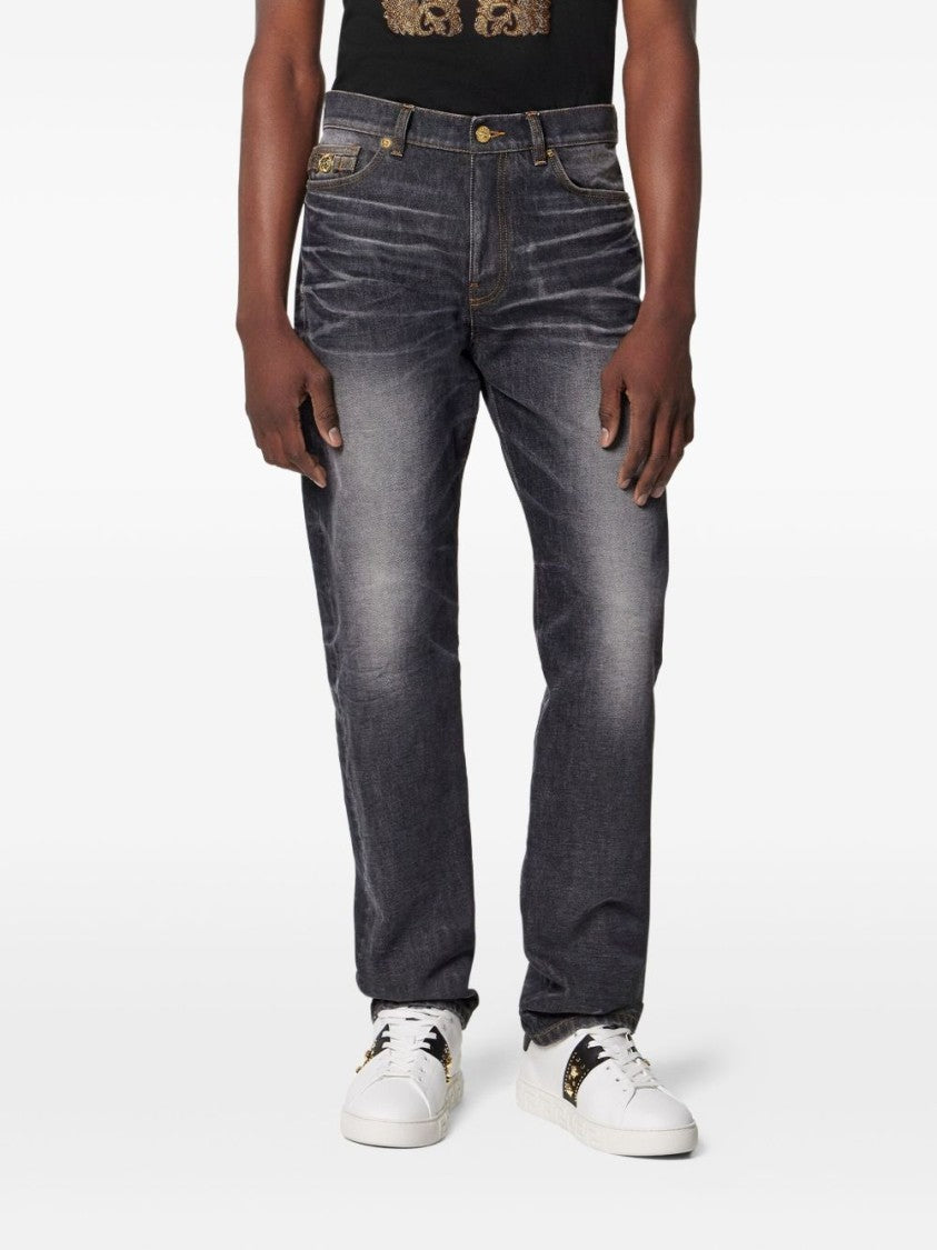 Versace Faded Black Straight-Leg Jeans With Gold Accents
