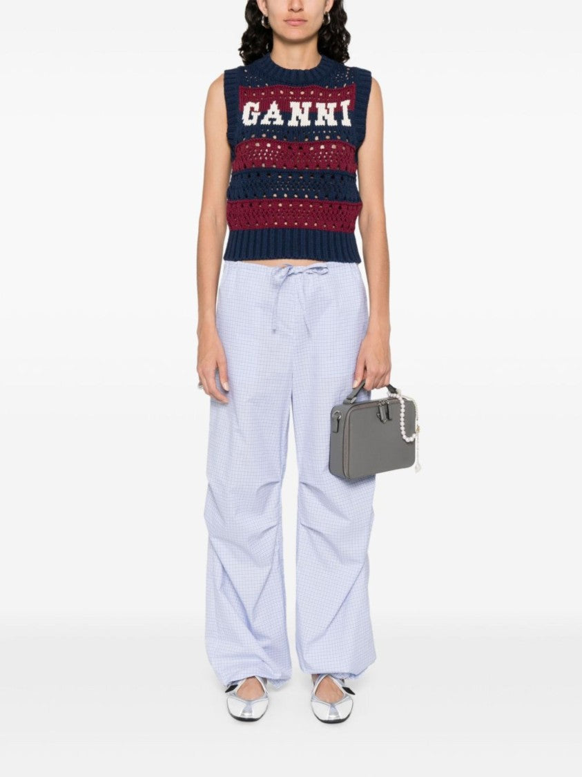 Ganni Striped Organic Cotton Knitted Vest With Intarsia Logo