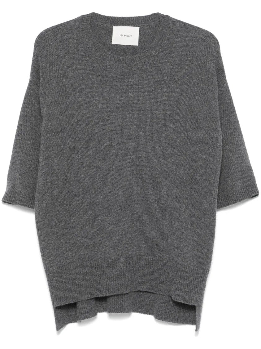Lisa Yang Charcoal Grey Cashmere Sweater With Mélange Effect And High-Low Hem