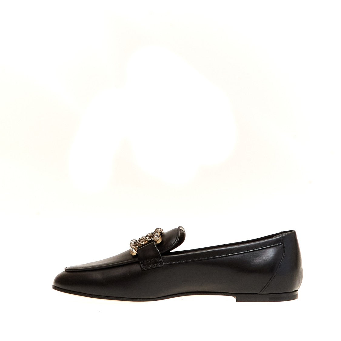 Tod's Black Leather Moccasin With Rhinestone Buckle