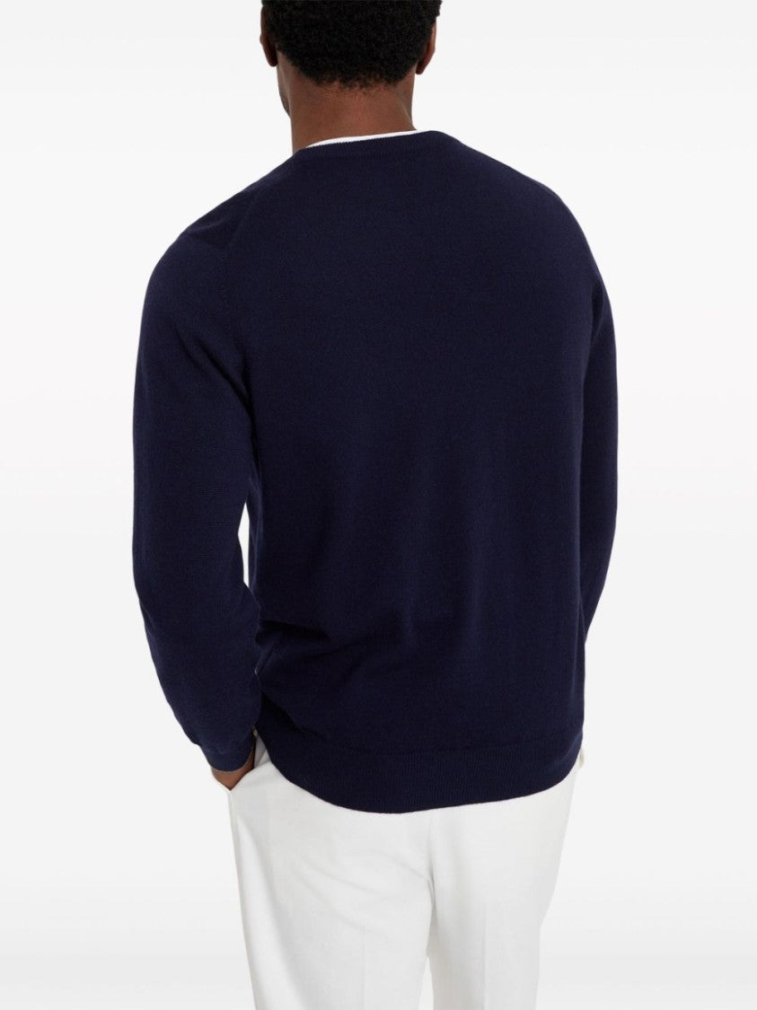 Brunello Cucinelli Dark Blue Cashmere Sweater With Classic Crew Neckline