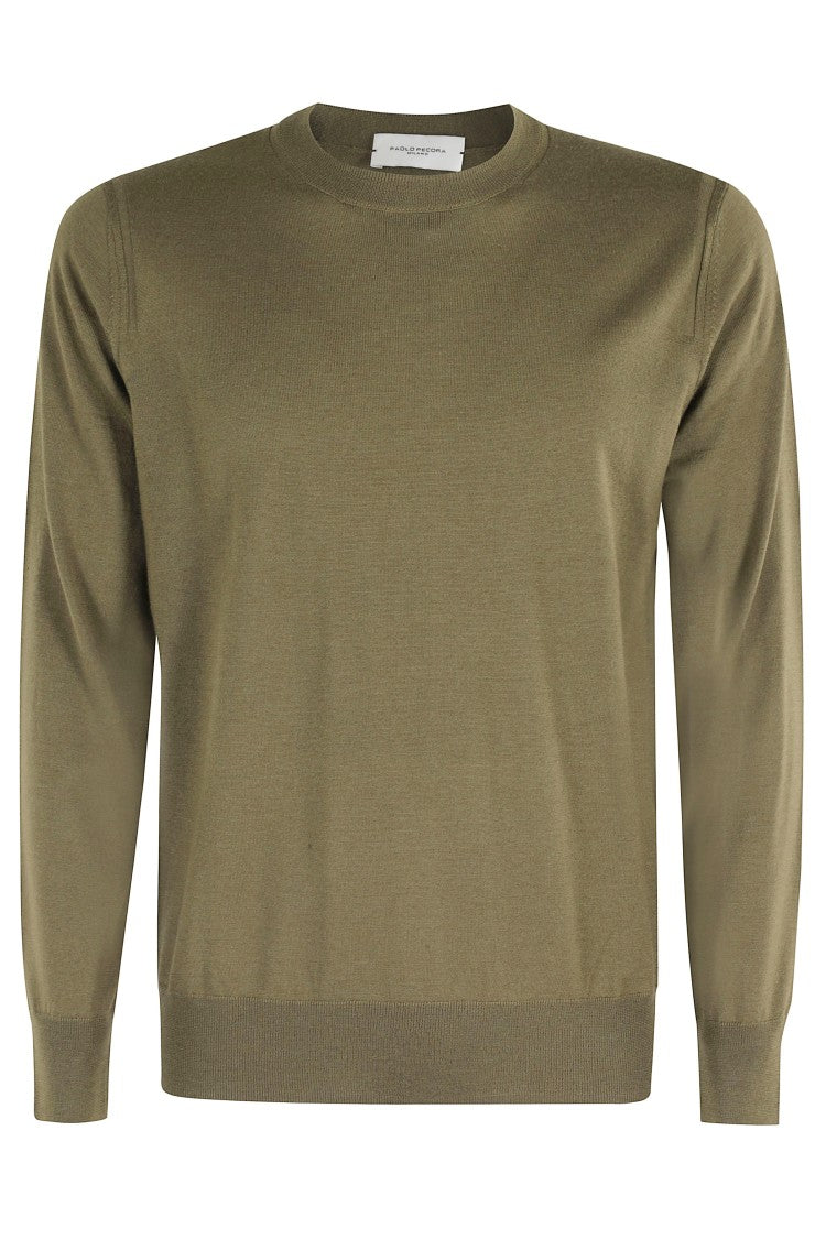 Paolo Pecora Fine Knit Olive Green Crew Neck Sweater