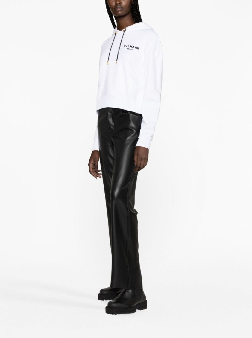 Balmain Flocked-Logo Cropped Hoodie