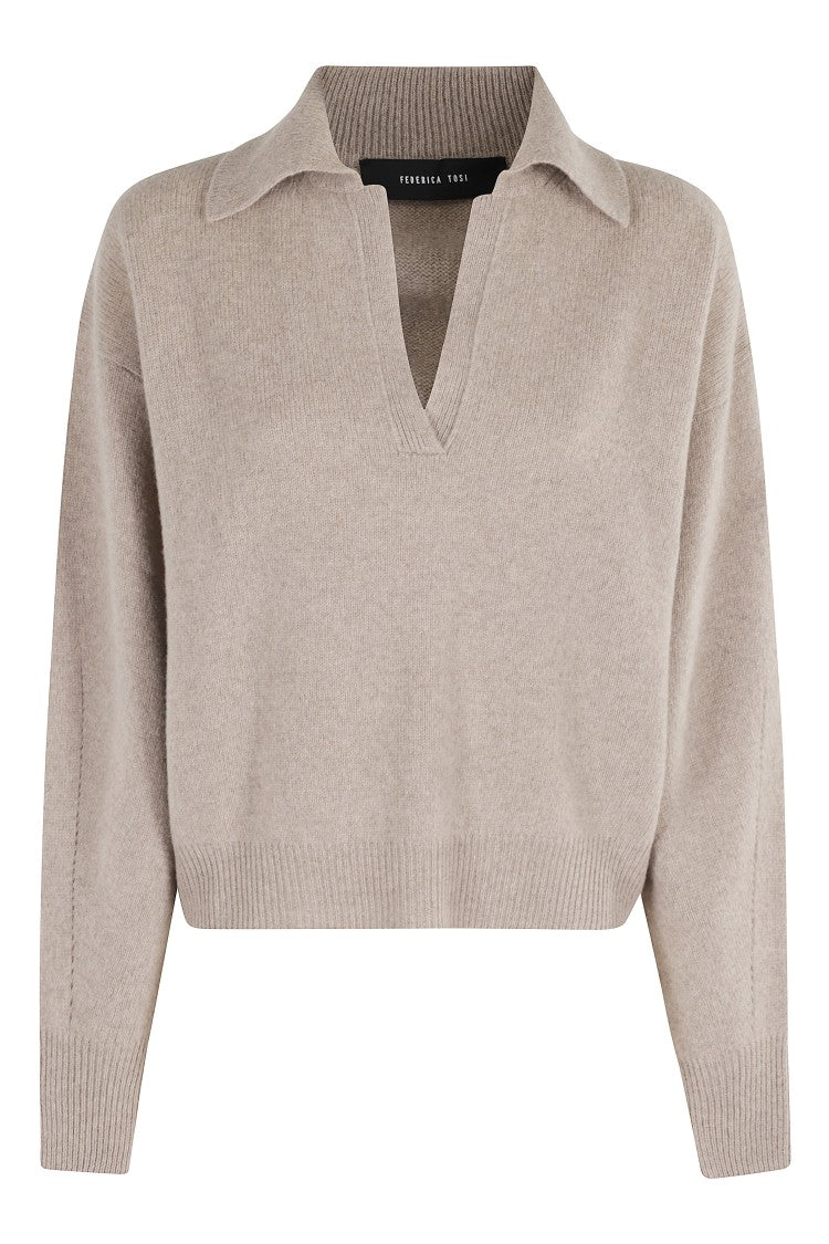 Federica Tosi Beige Long Sleeve Polo Shirt With Classic Collar And V-Neck Design