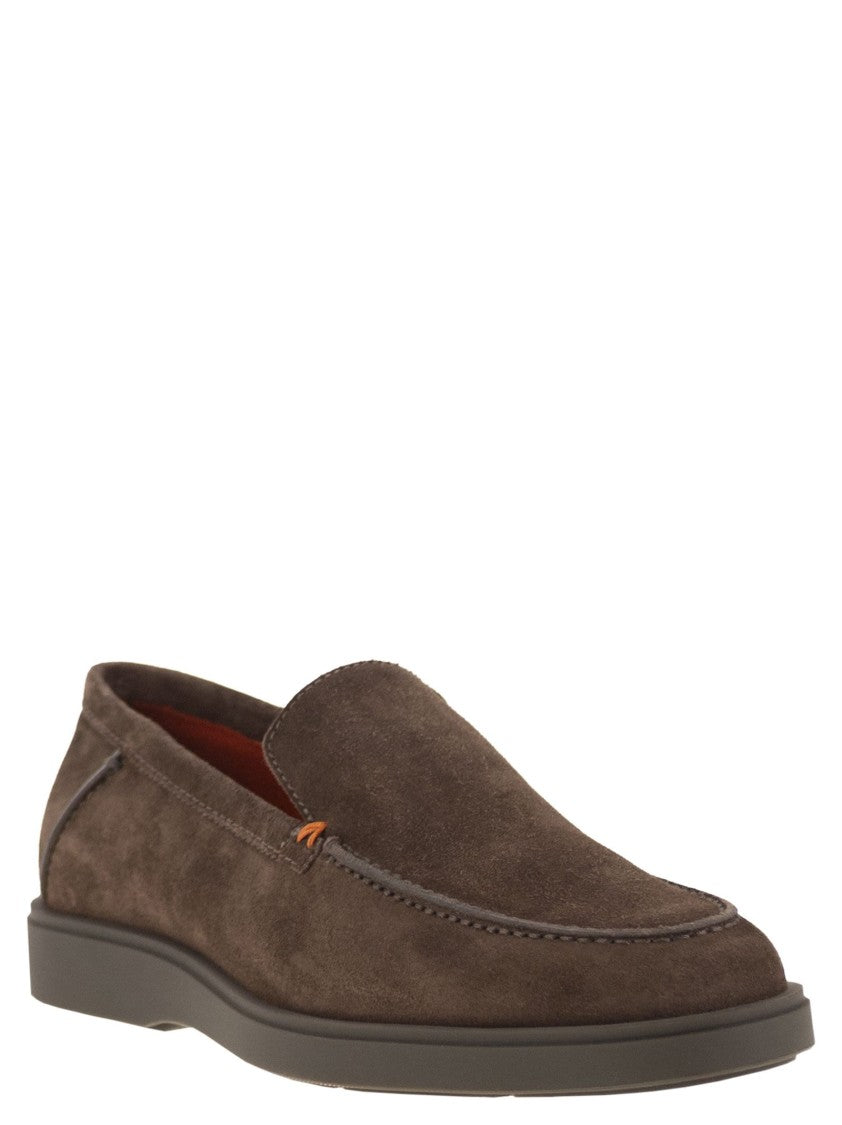 Santoni Brown Suede Loafers With Orange Thread Accents