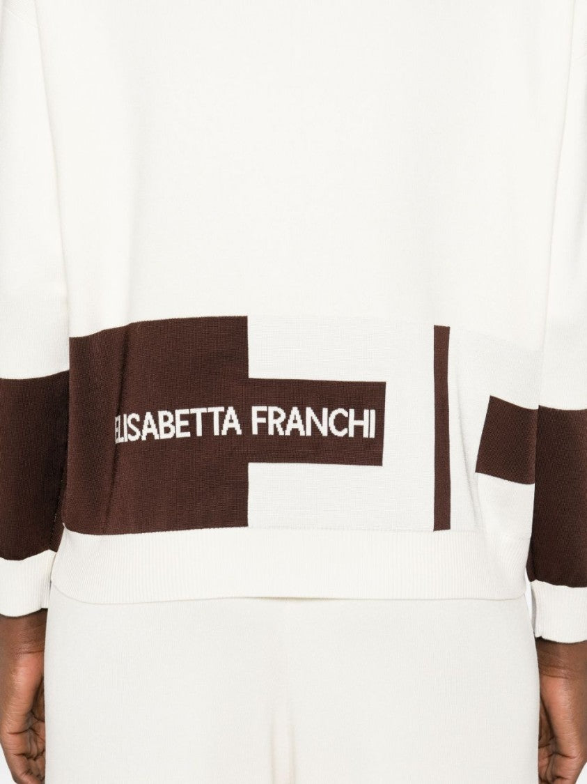 Elisabetta Franchi Lightweight White Sweater With Brown Graphic Band