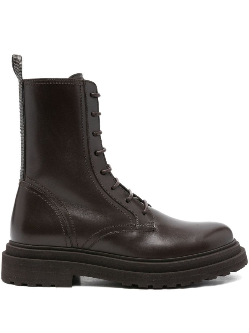 Brunello Cucinelli Polished Leather Lace-Up Boots With Side Zipper And Treaded Sole