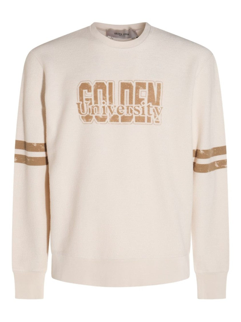 Golden Goose Cream Sweater With Bold Text Design And Contrast Stripes