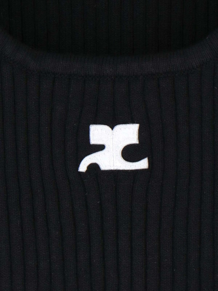 Courrèges Ribbed Black Tank Top With U-Neckline