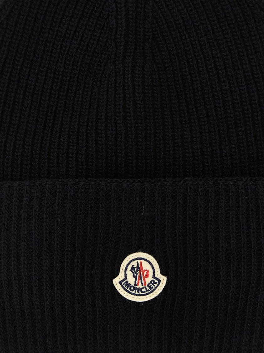 Moncler Ribbed Knit Carded Wool Beanie With Felt Logo Patch