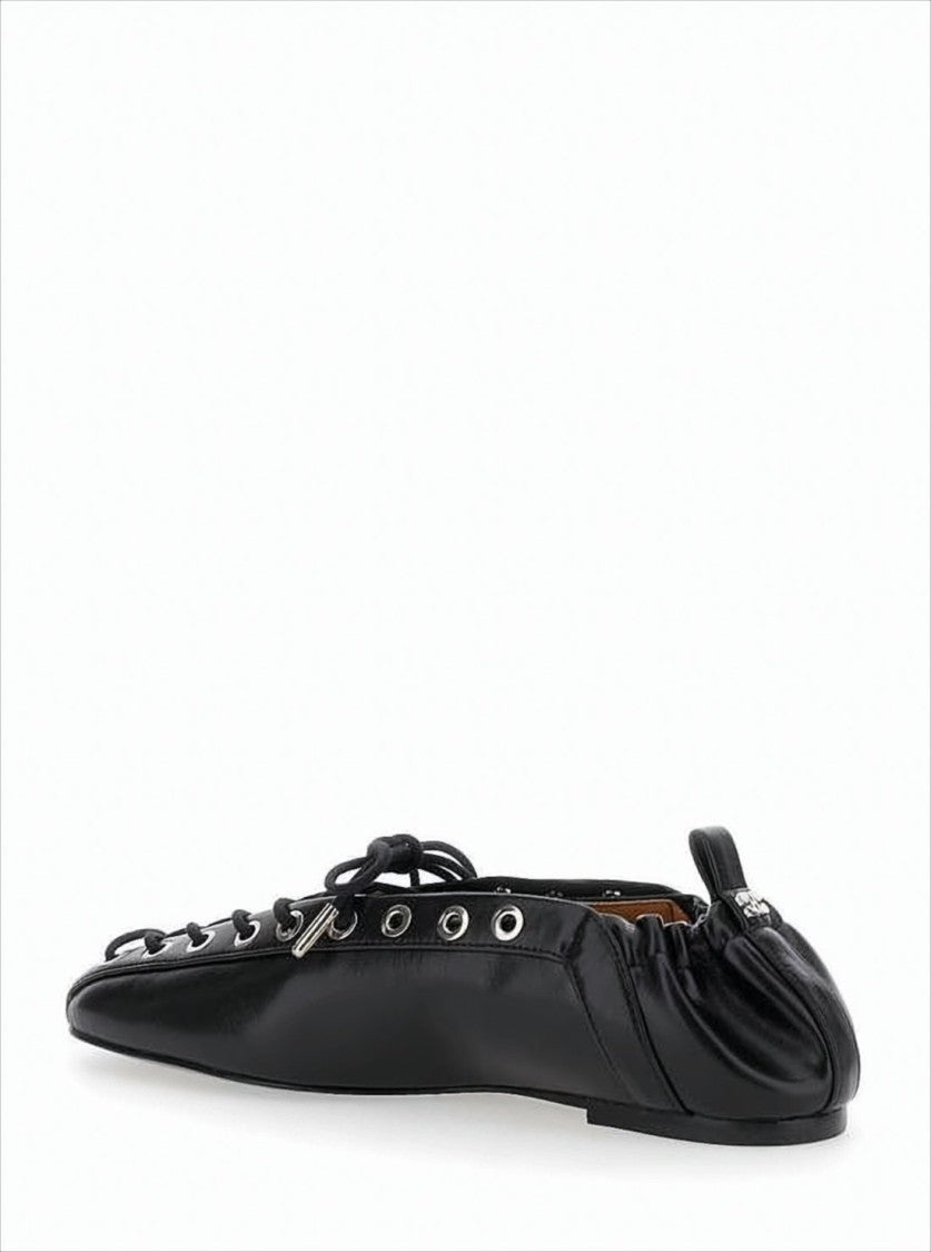 Ganni Pointed-Toe Flat Shoes With Lace-Up Front And Gathered Elastic Back