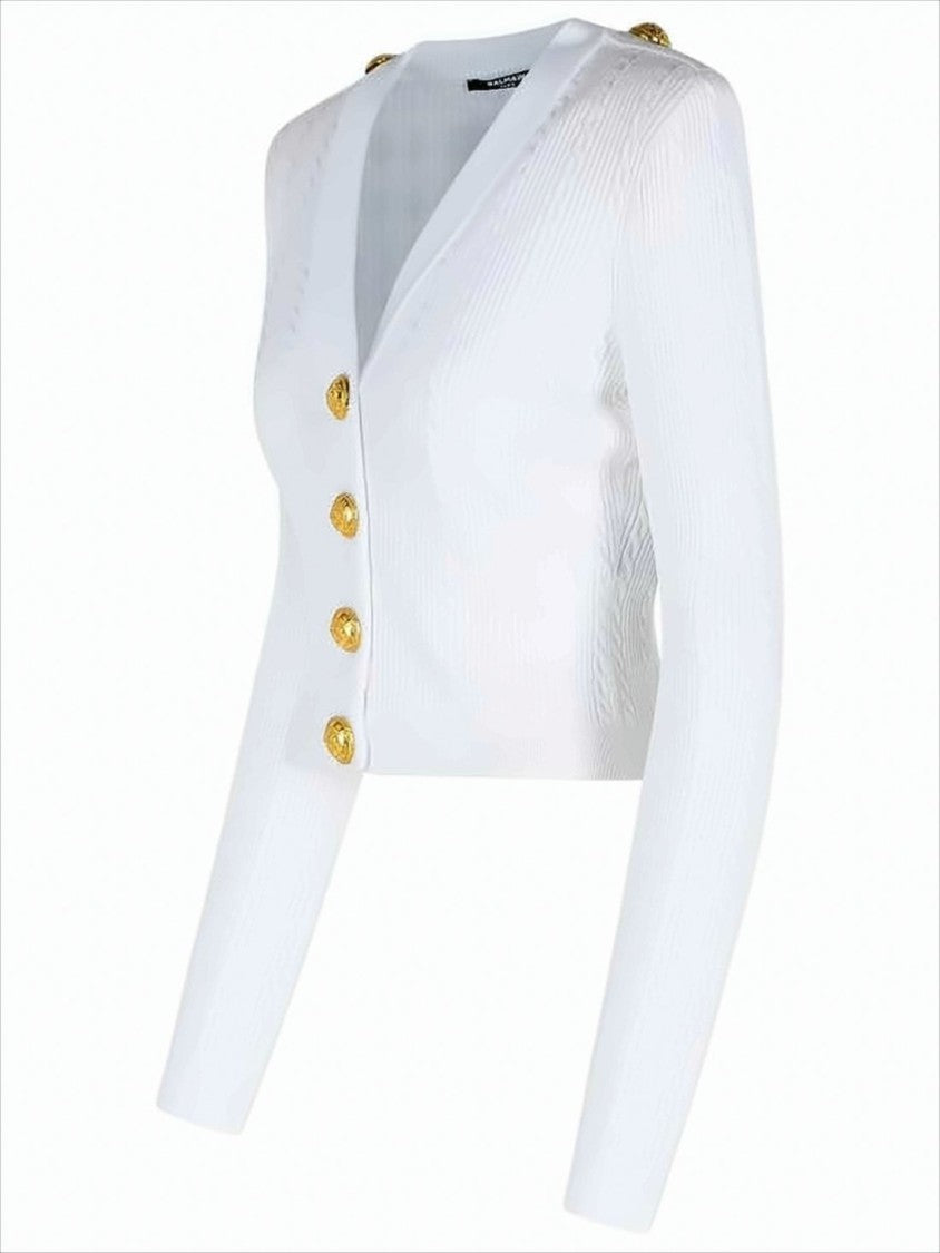 Balmain Cropped Textured Knit Cardigan With Gold-Tone Buttons