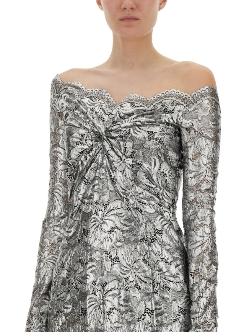 Rabanne Off-The-Shoulder Long Lace Dress With Floral Patterns