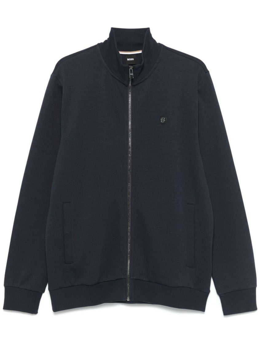 Boss Zip-Up High Collar Sweater In Soft Cotton Blend