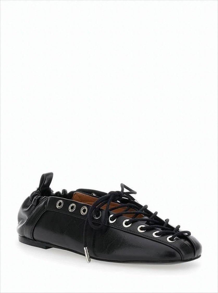 Ganni Pointed-Toe Flat Shoes With Lace-Up Front And Gathered Elastic Back