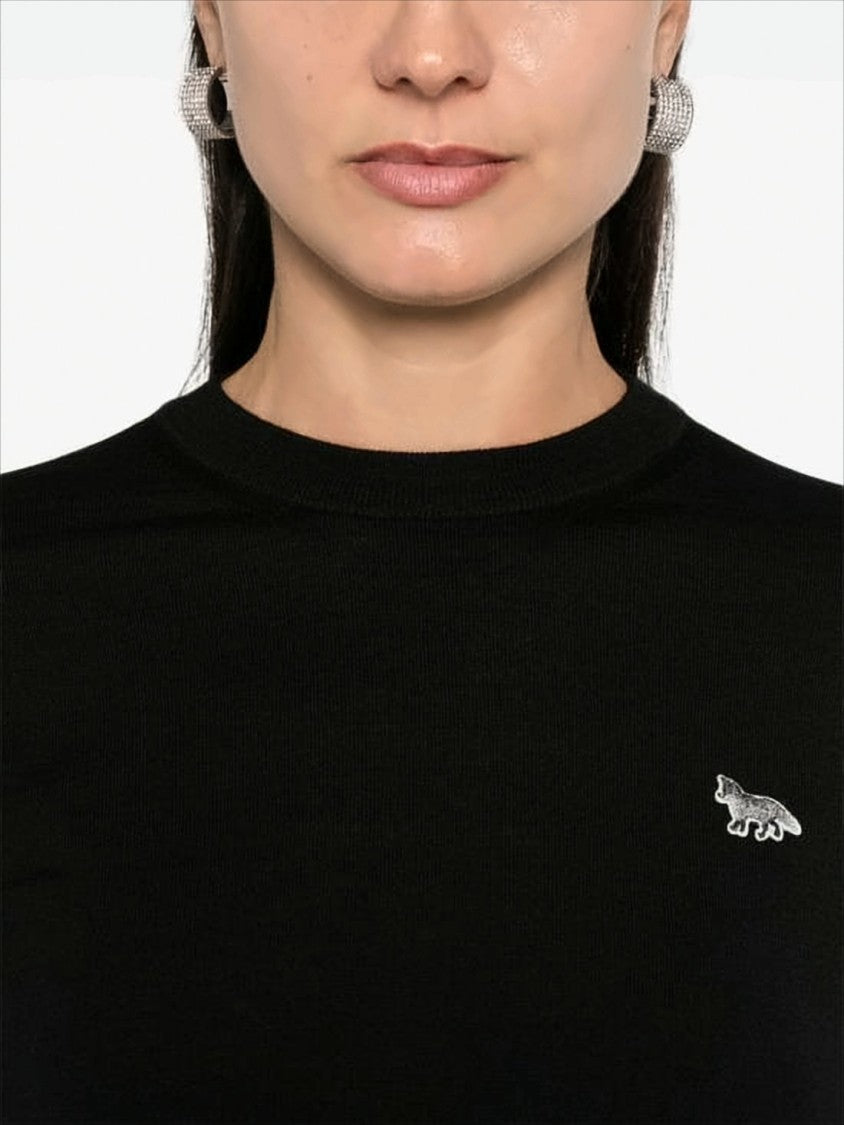 Maison Kitsuné Fitted Black Wool Sweater With Embroidered Fox Logo