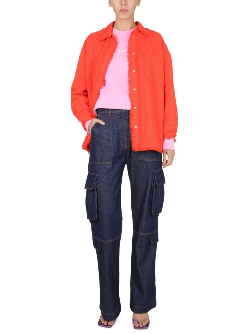Msgm Textured Button-Up Shirt With Fringe Detailing