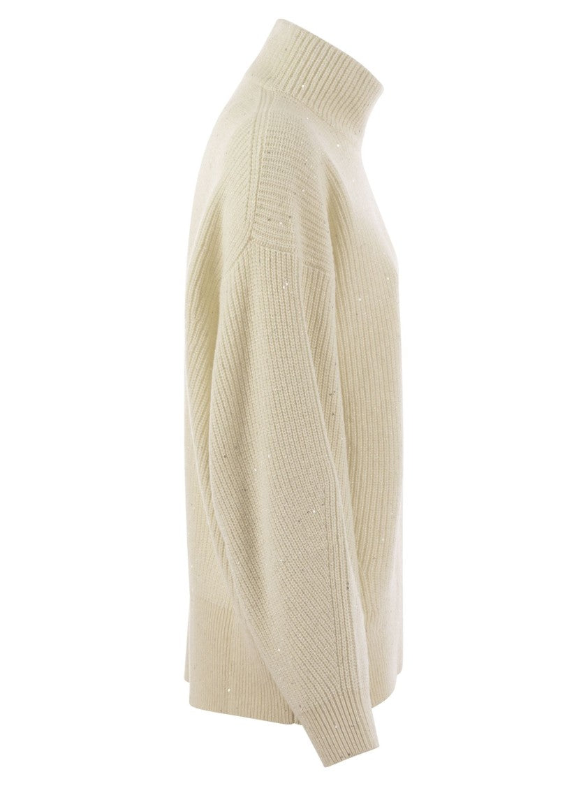 Brunello Cucinelli Wool And Cashmere Rib Sweater With Sequins